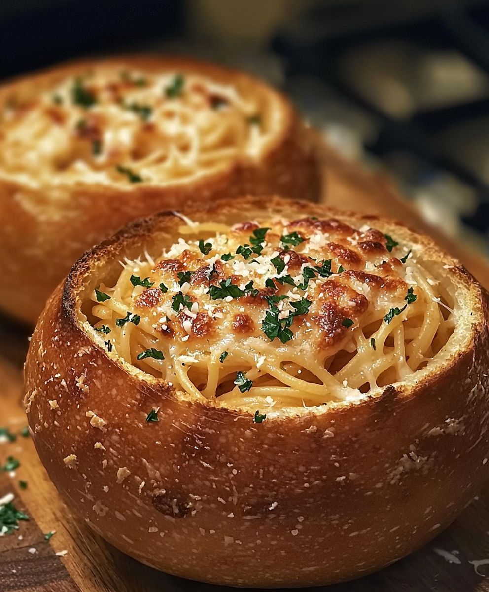 Spaghetti Garlic Bread Bowls