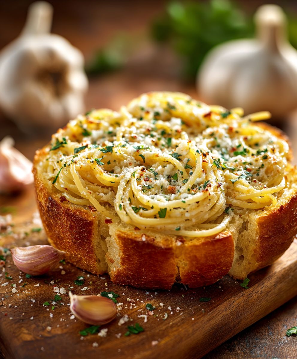 Spaghetti garlic bread bowl