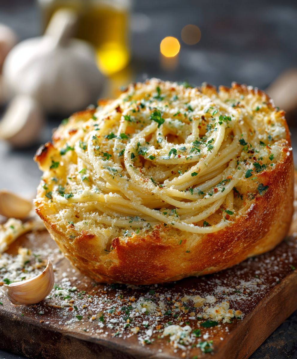 Spaghetti garlic bread bowl