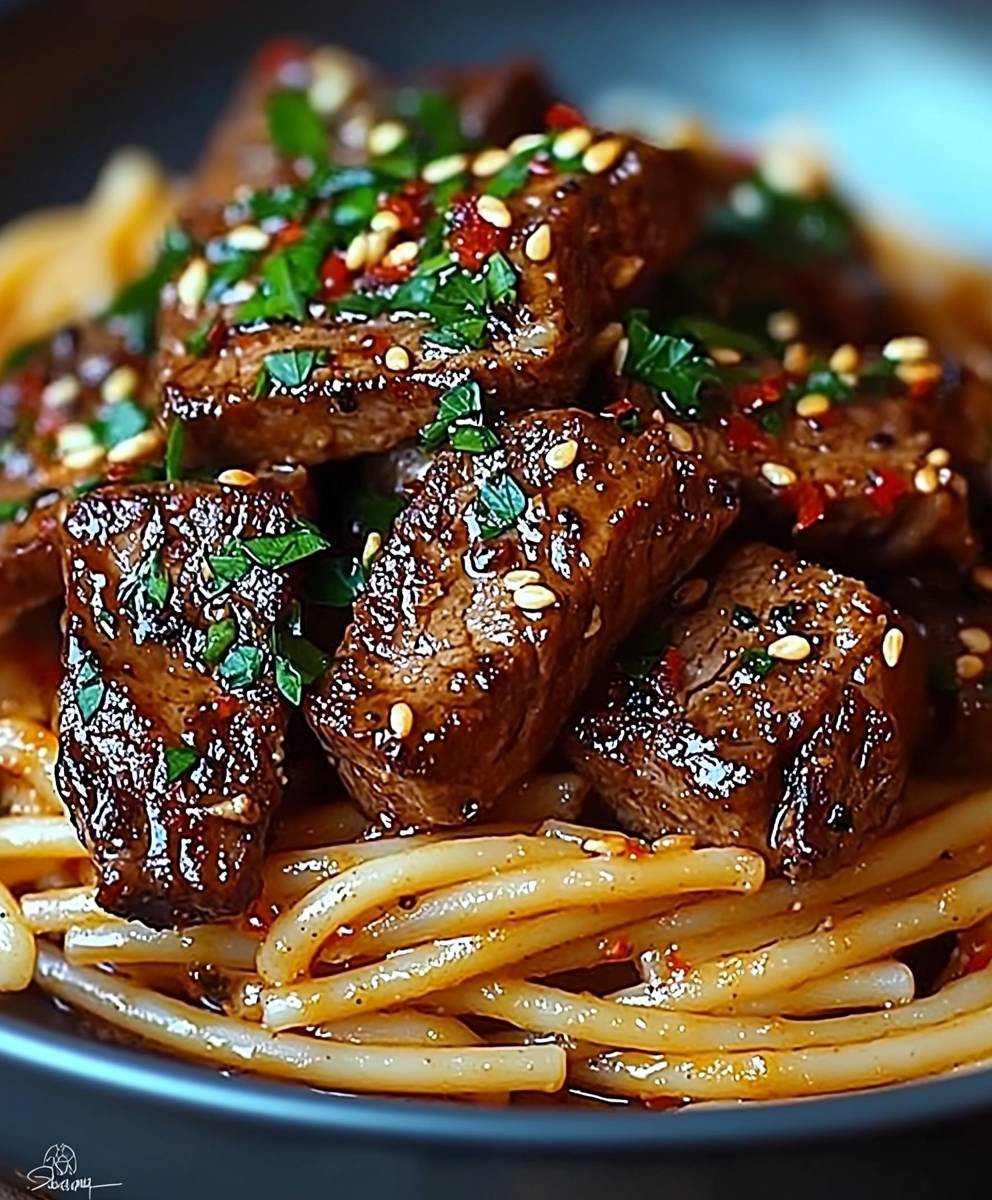 Sweet Spicy Garlic Steak Pasta