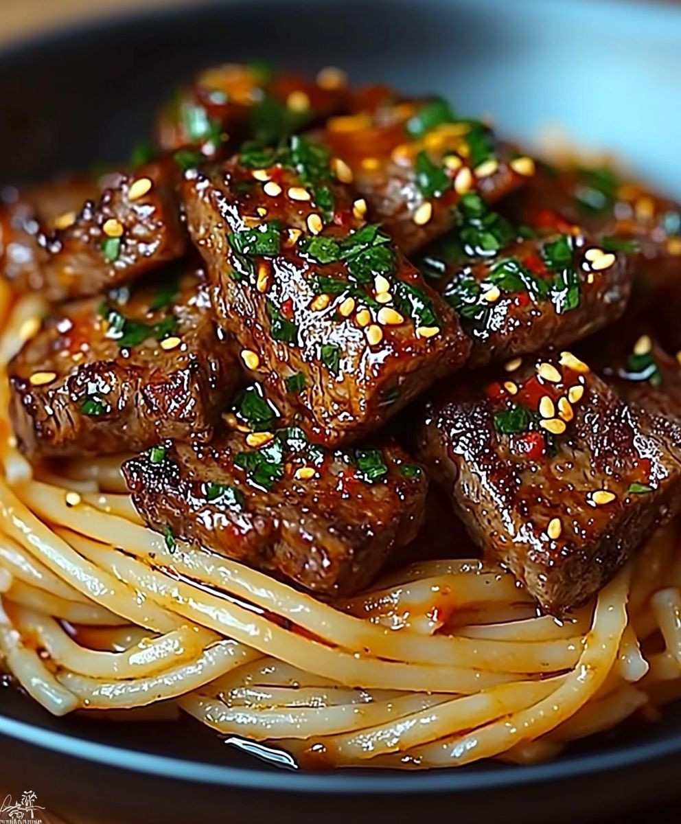 Sweet Spicy Garlic Steak Pasta
