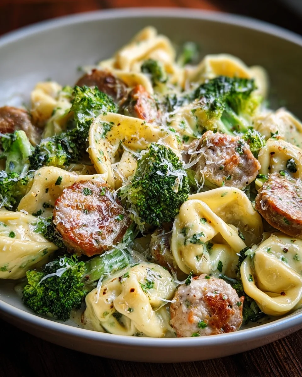 Creamy Garlic Parm Tortellini with Beef Sausage & Broccoli