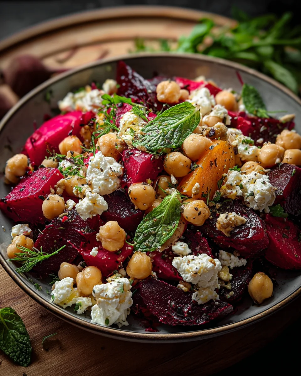 Delicious Chickpea Beet Feta Salad & Lemon Garlic Vinaigrette