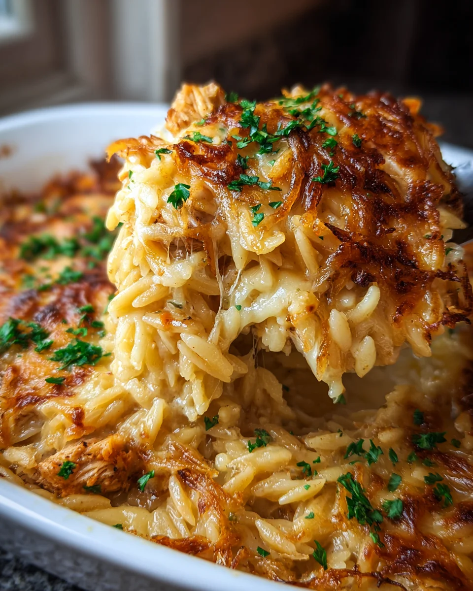 Ultimate French Onion Chicken Orzo Casserole Bake