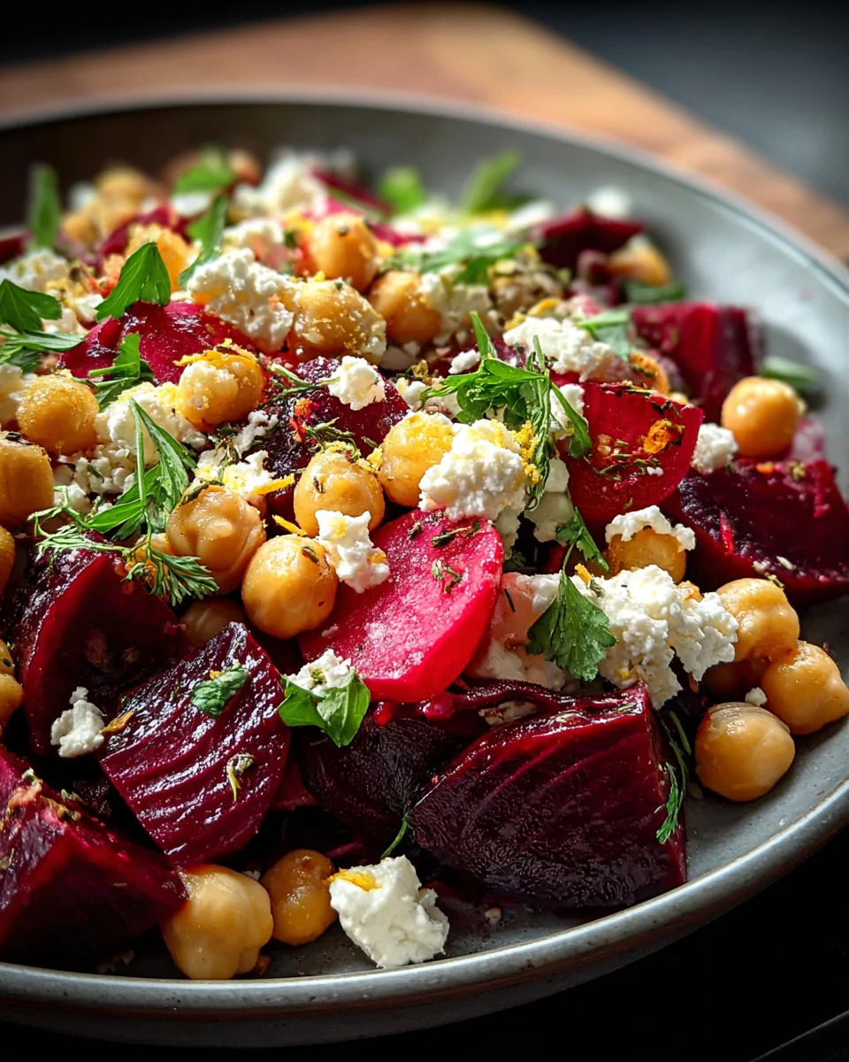 Delicious Chickpea Beet Feta Salad & Lemon Garlic Vinaigrette