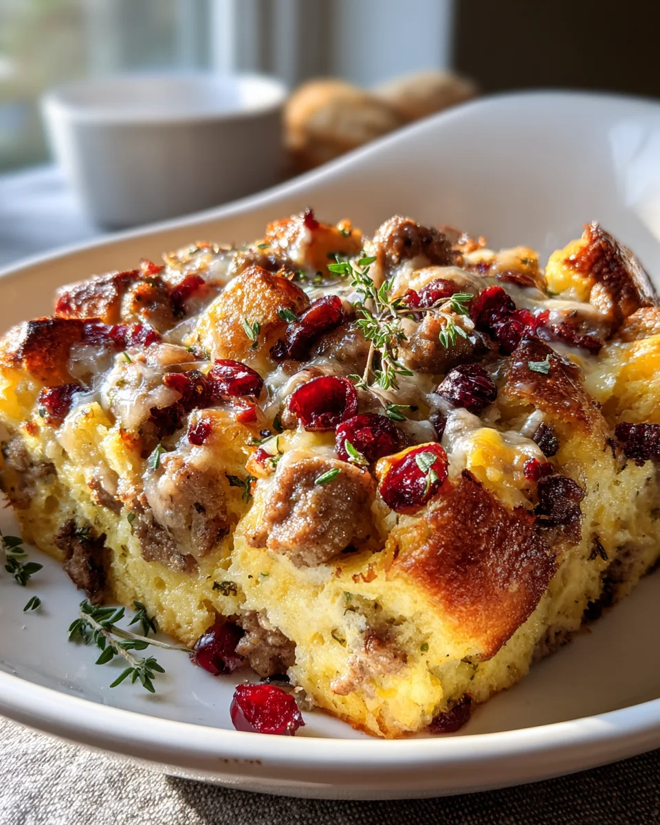 Delicious Cranberry Beef Sausage Stuffing Breakfast Casserole