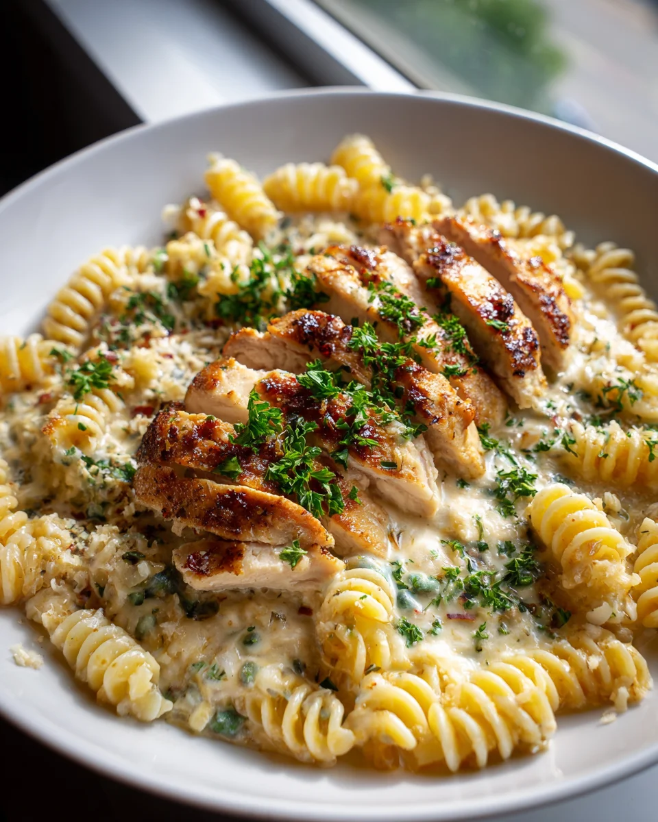 Creamy Garlic Parmesan Chicken & Cheesy Twisted Pasta Delight
