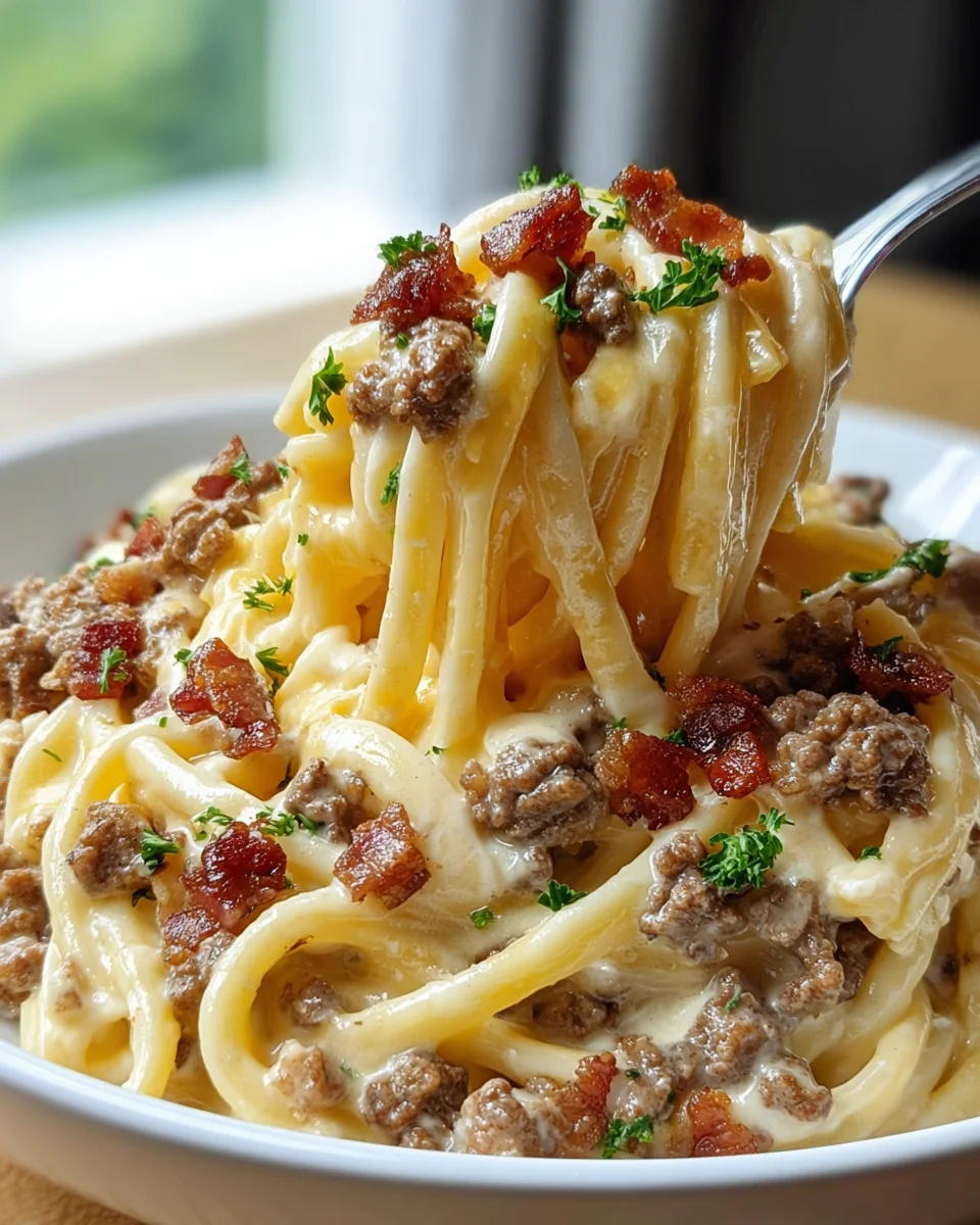 Loaded Beef Bacon Cheeseburger Alfredo Pasta Recipe Delight