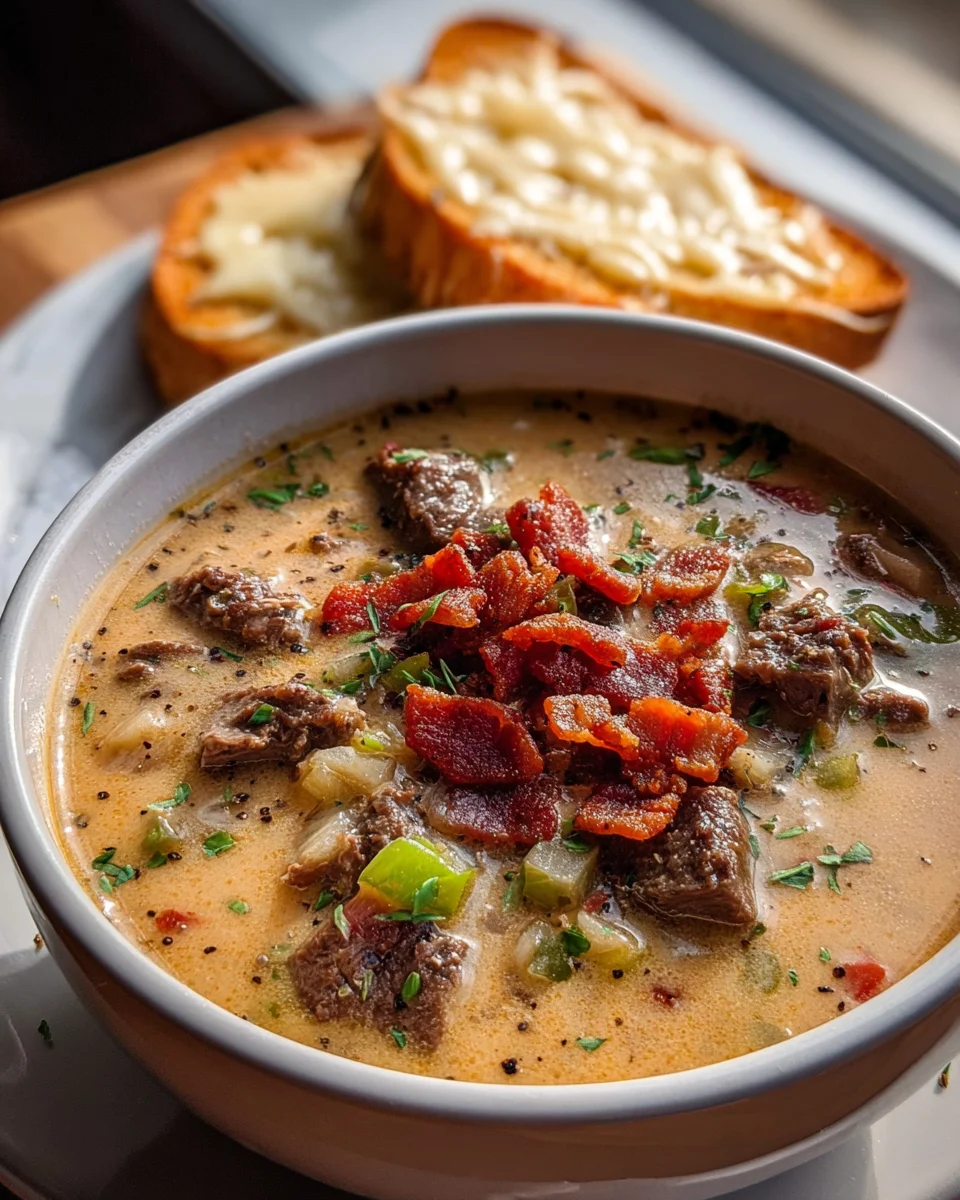 One Pot Philly Cheesesteak Soup with Beef Bacon & Cheesy Toast