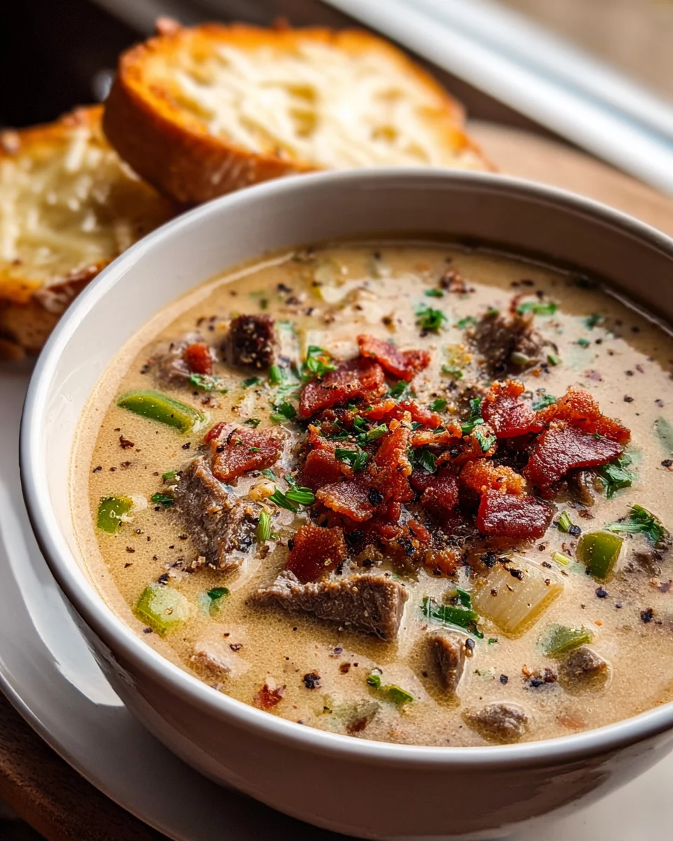 One Pot Philly Cheesesteak Soup with Beef Bacon & Cheesy Toast