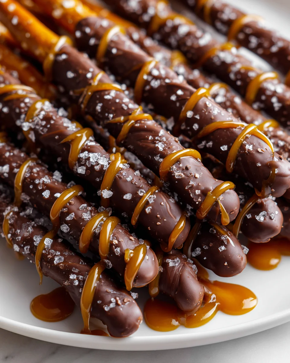 Decadent Chocolate Dipped Salted Caramel Pretzel Rods