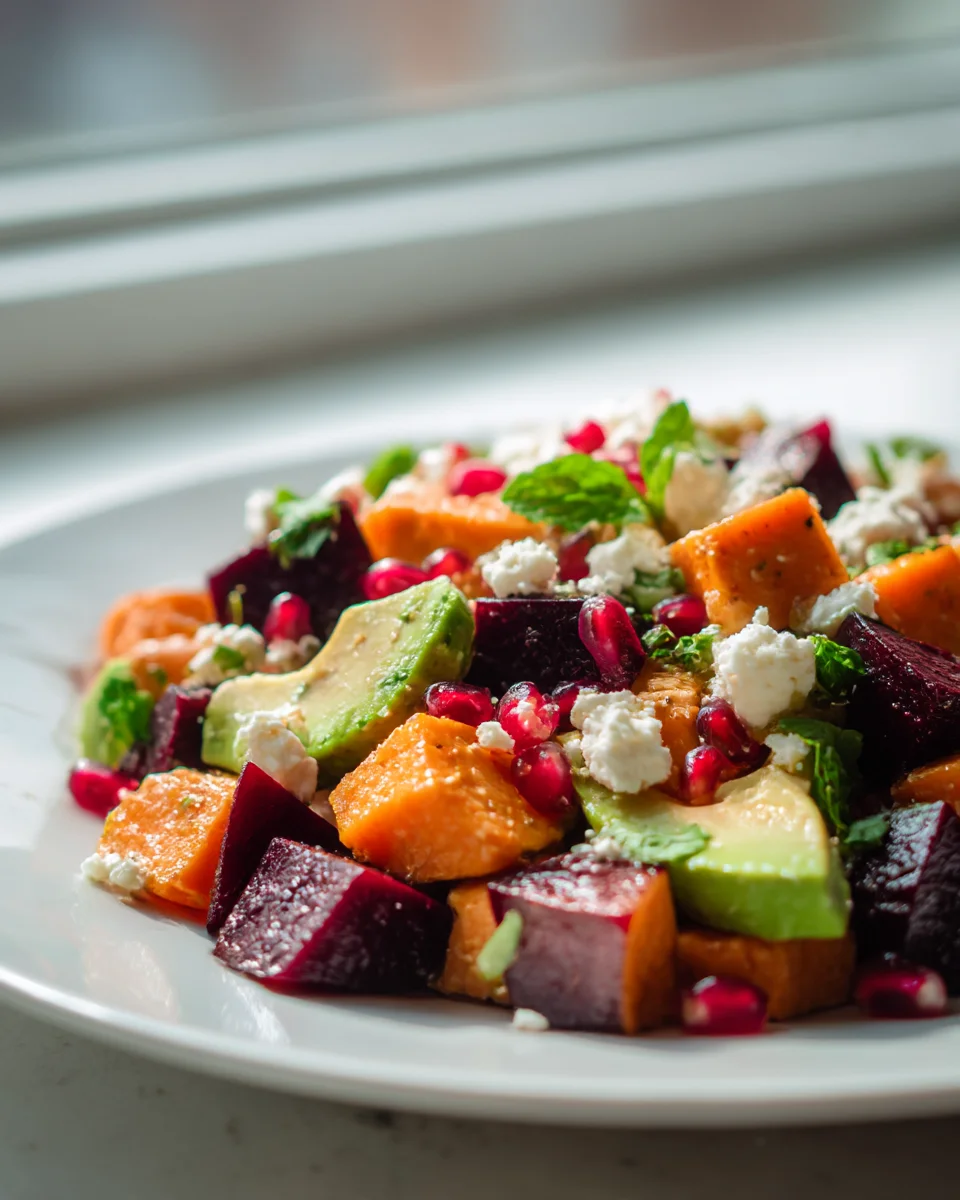 Delicious Roasted Beet Sweet Potato & Avocado Salad