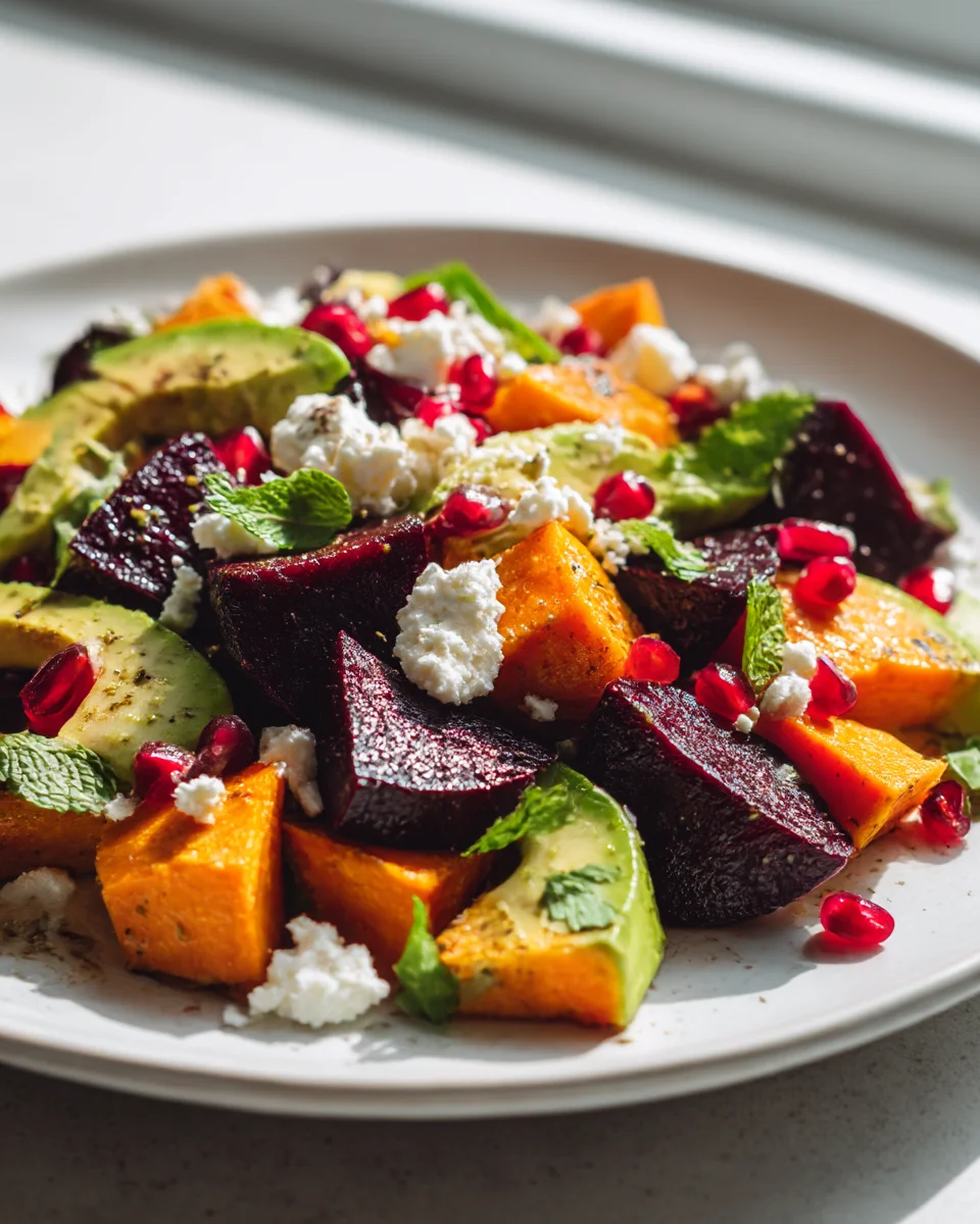 Delicious Roasted Beet Sweet Potato & Avocado Salad