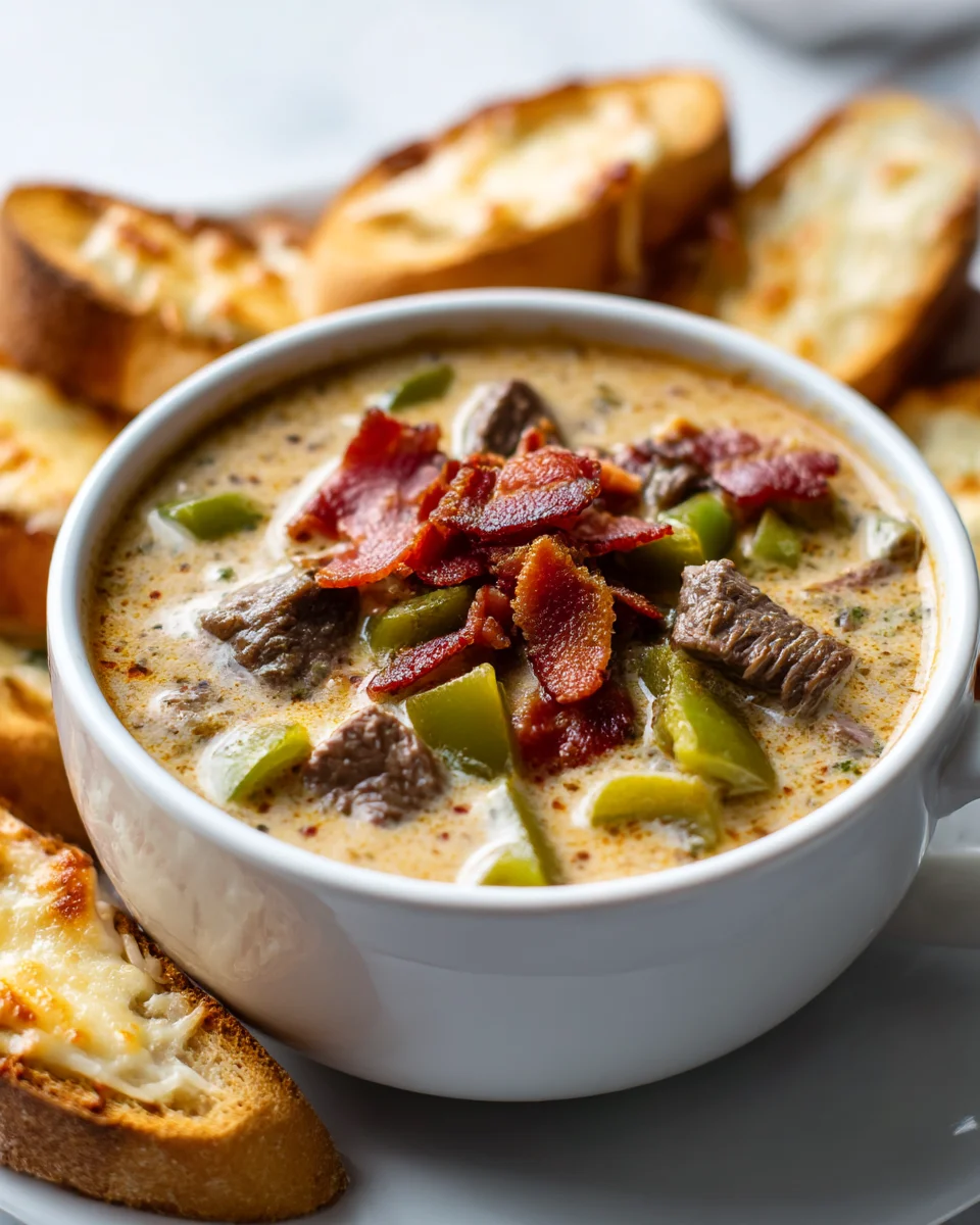 Ultimate One Pot Philly Cheesesteak Soup & Cheesy Toast
