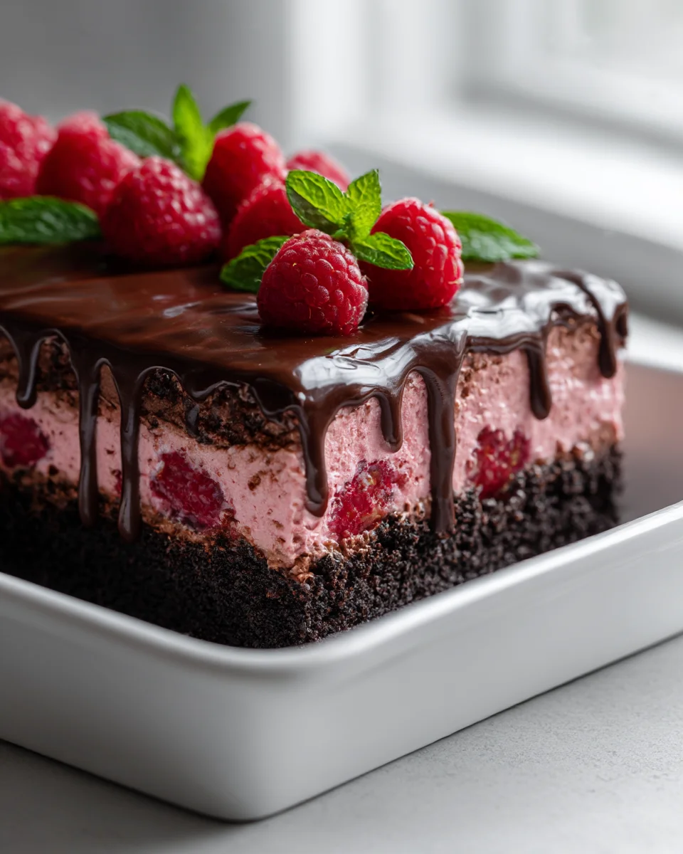 Irresistible No Bake Raspberry Chocolate Lasagna (Oreo Crust)