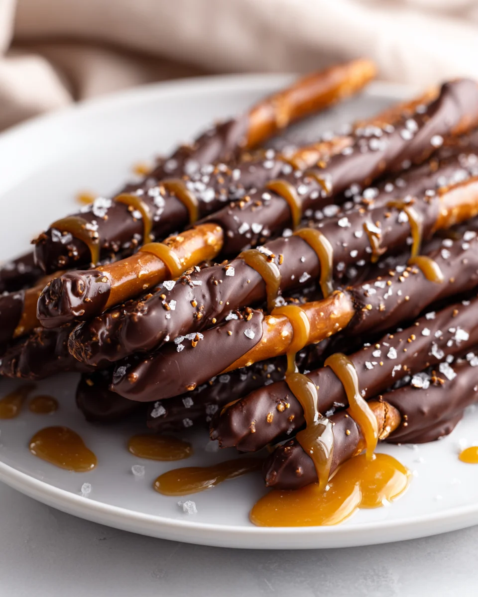 Decadent Chocolate Dipped Salted Caramel Pretzel Rods