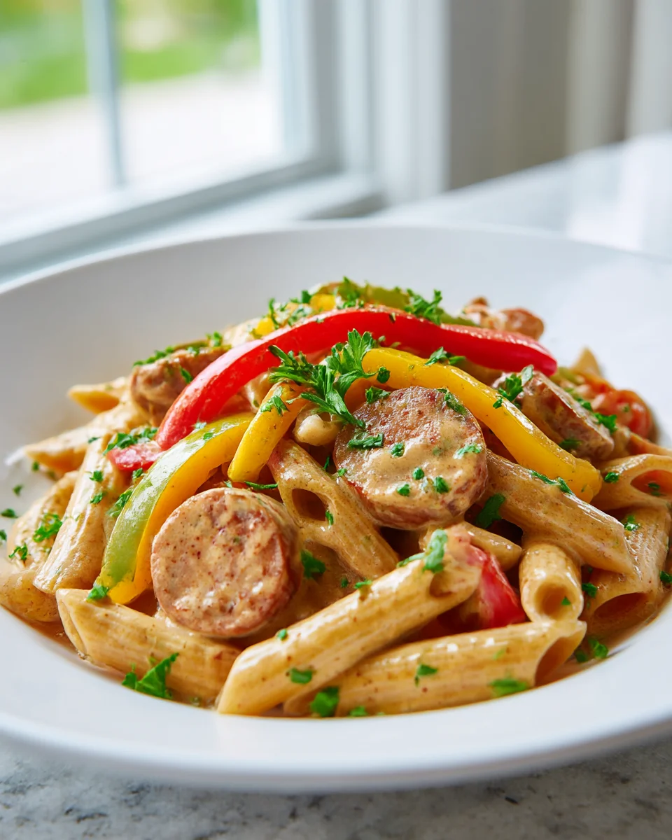 Savory Creamy Cajun Beef Sausage Penne with Bell Peppers