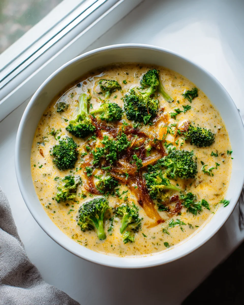 Delicious Broccoli Cheddar Soup with Caramelized Onions Recipe
