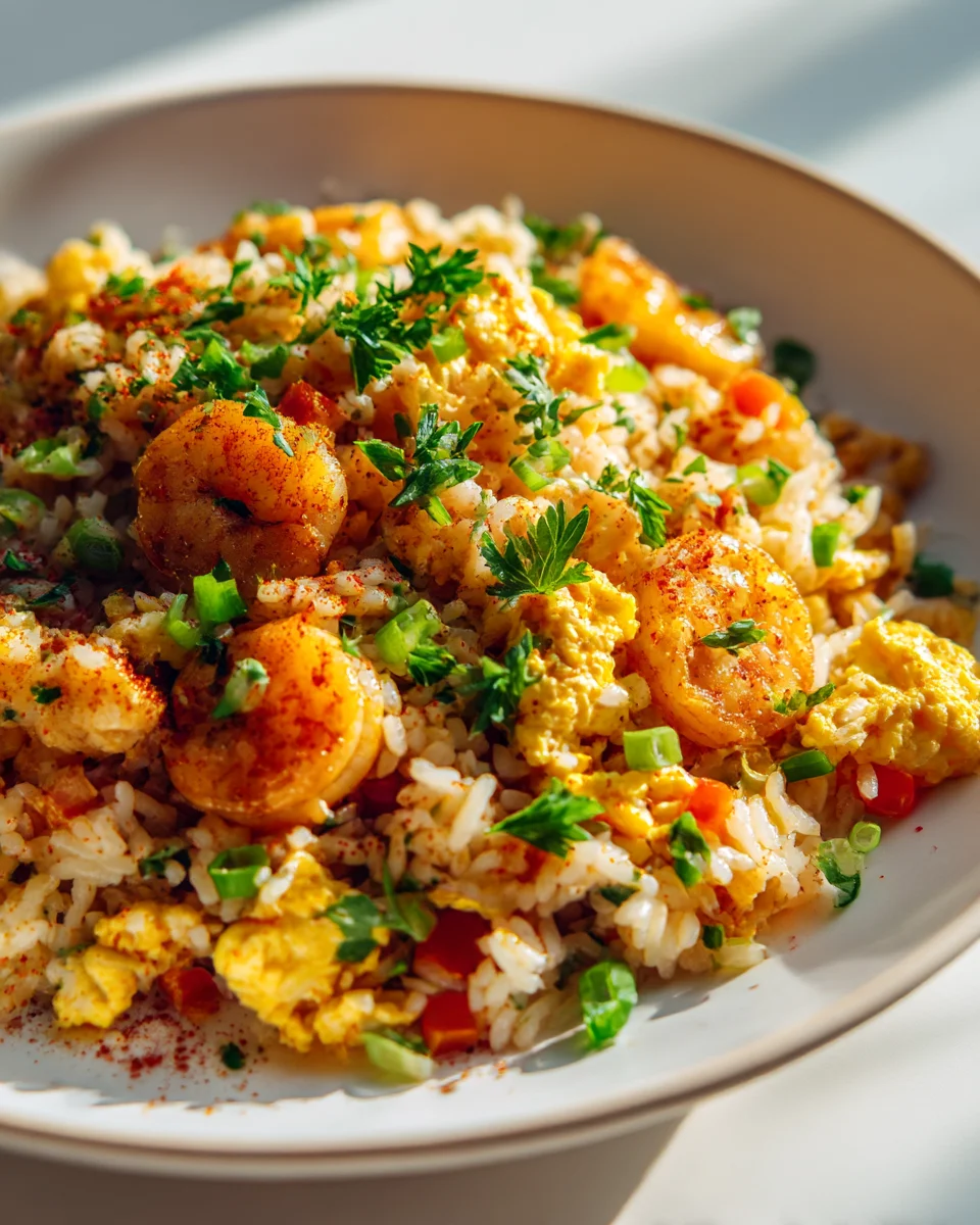 Spicy Cajun Shrimp Fried Rice & Scrambled Egg Delight