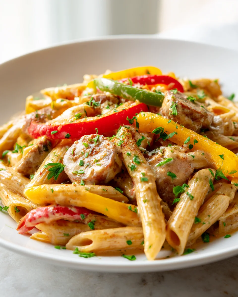 Savory Creamy Cajun Beef Sausage Penne with Bell Peppers