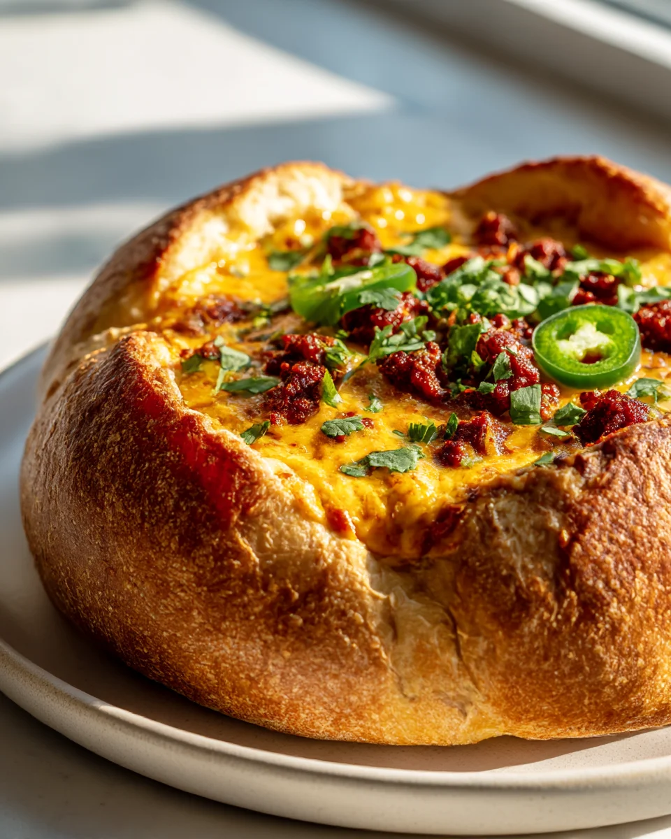 Spicy Beef Chorizo Queso Dip Bread Bowl: Crowd Pleaser!