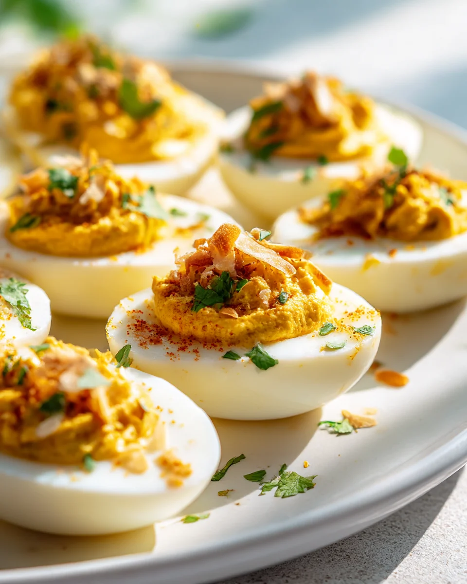Best Curry Spiced Deviled Eggs with Toasted Coconut