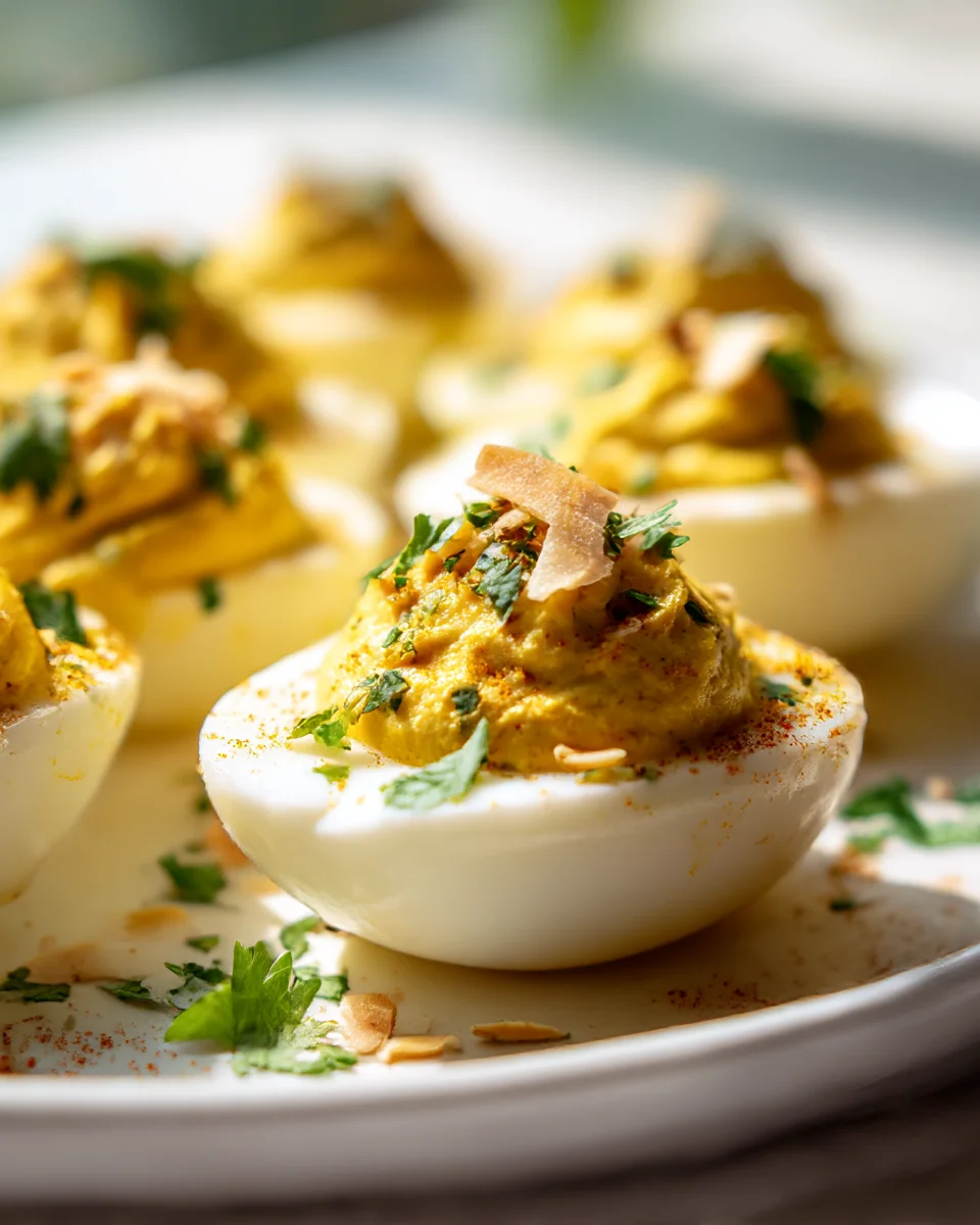 Best Curry Spiced Deviled Eggs with Toasted Coconut