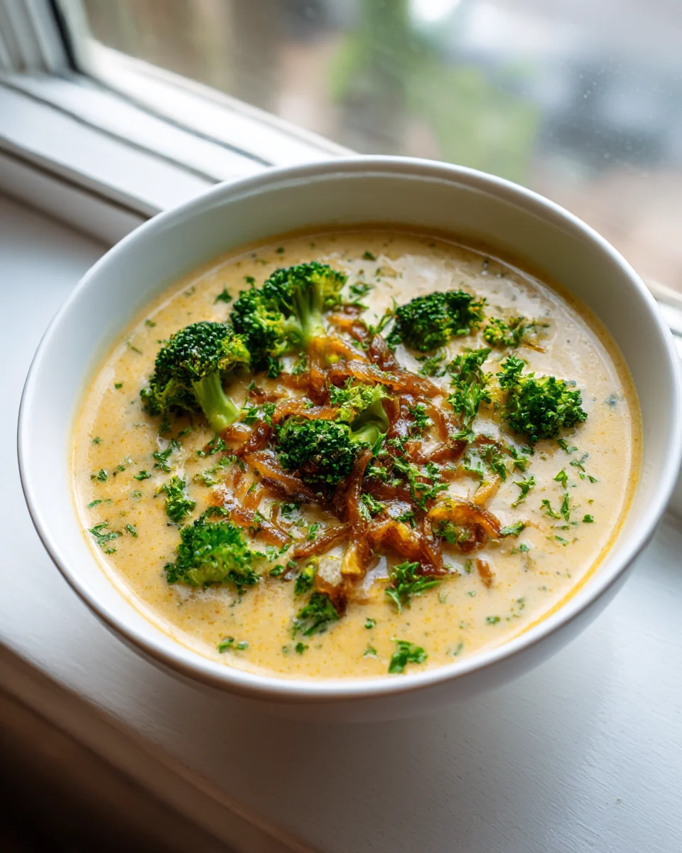 Delicious Broccoli Cheddar Soup with Caramelized Onions Recipe