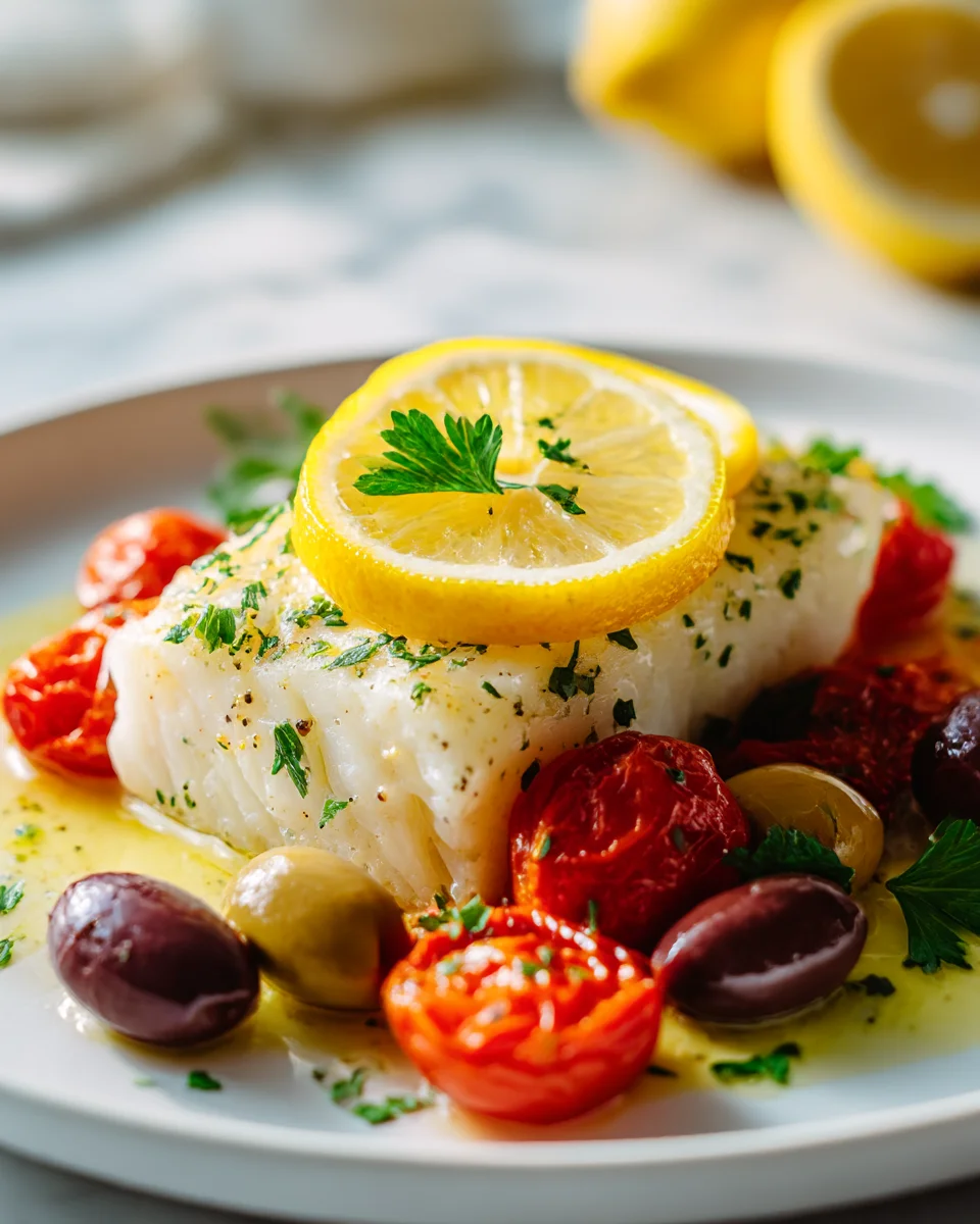 Lemon Garlic Baked Cod with Olives & Tomatoes Recipe Delight