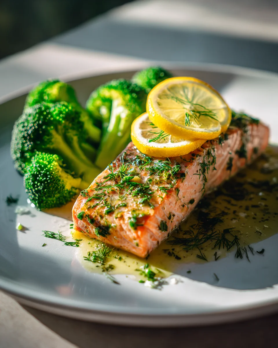 Baked Salmon with Broccoli & Lemon Herb Sauce Recipe