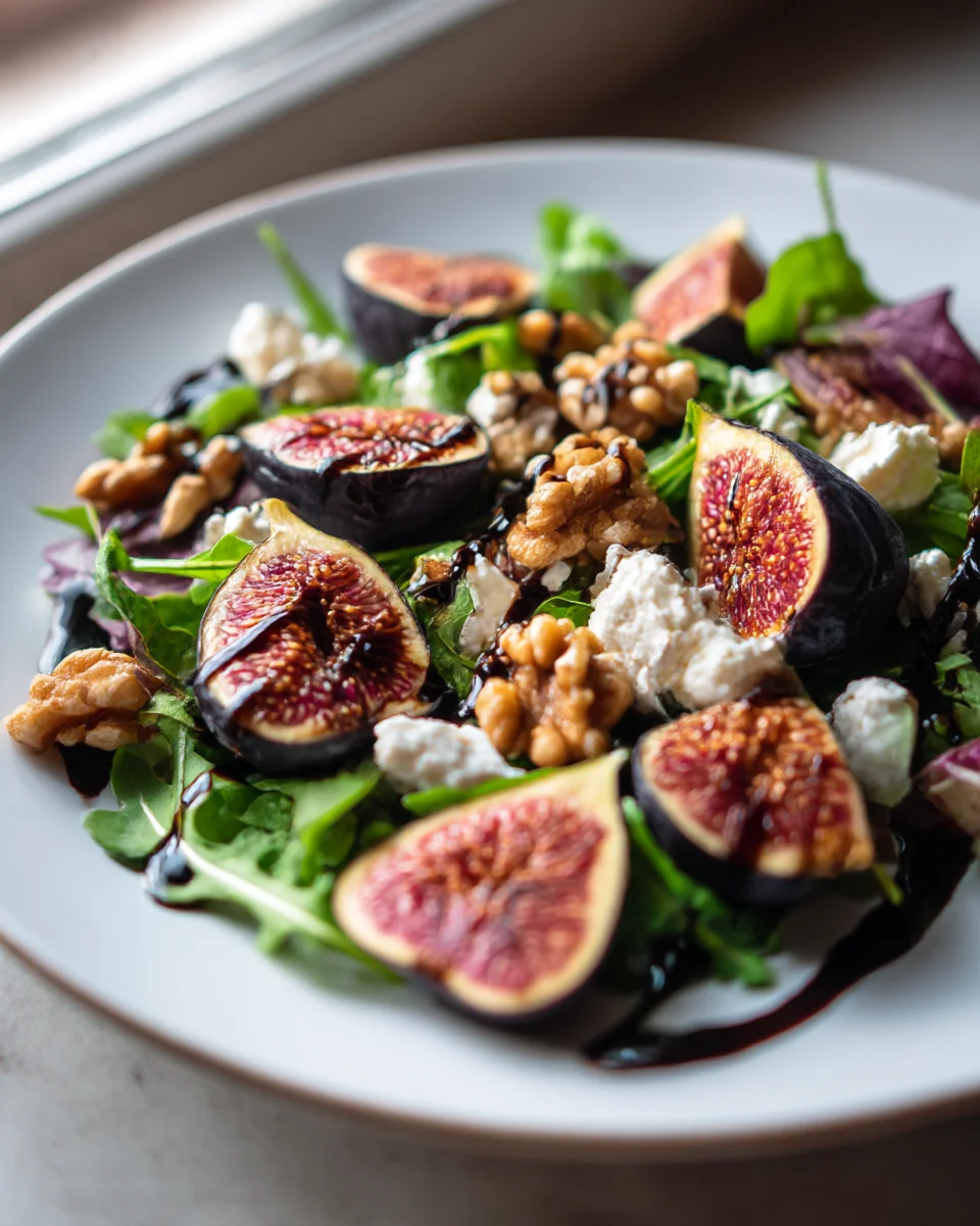 Delicious Fig, Goat Cheese & Walnut Salad with Balsamic Glaze