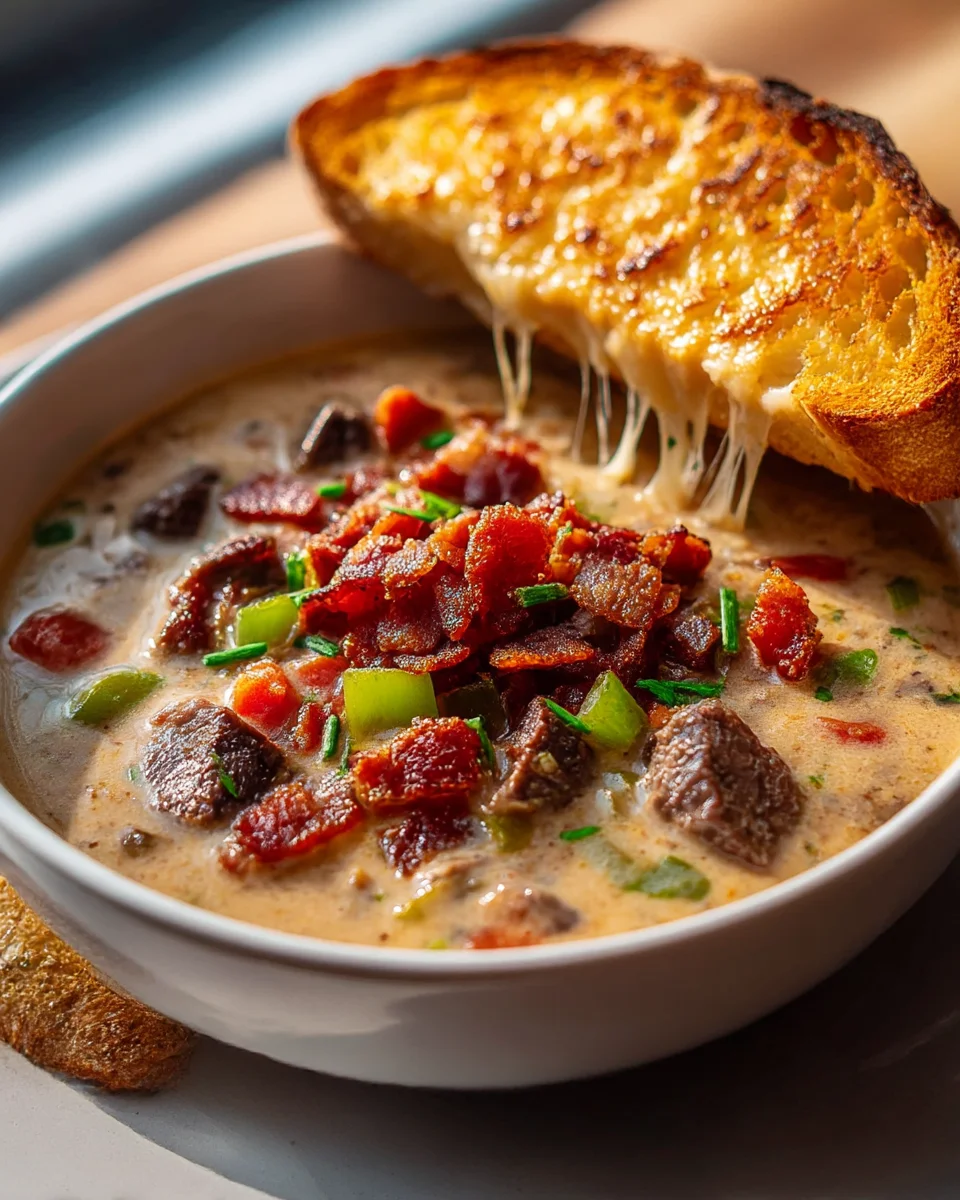 One Pot Philly Cheesesteak Soup with Beef Bacon & Cheesy Toast