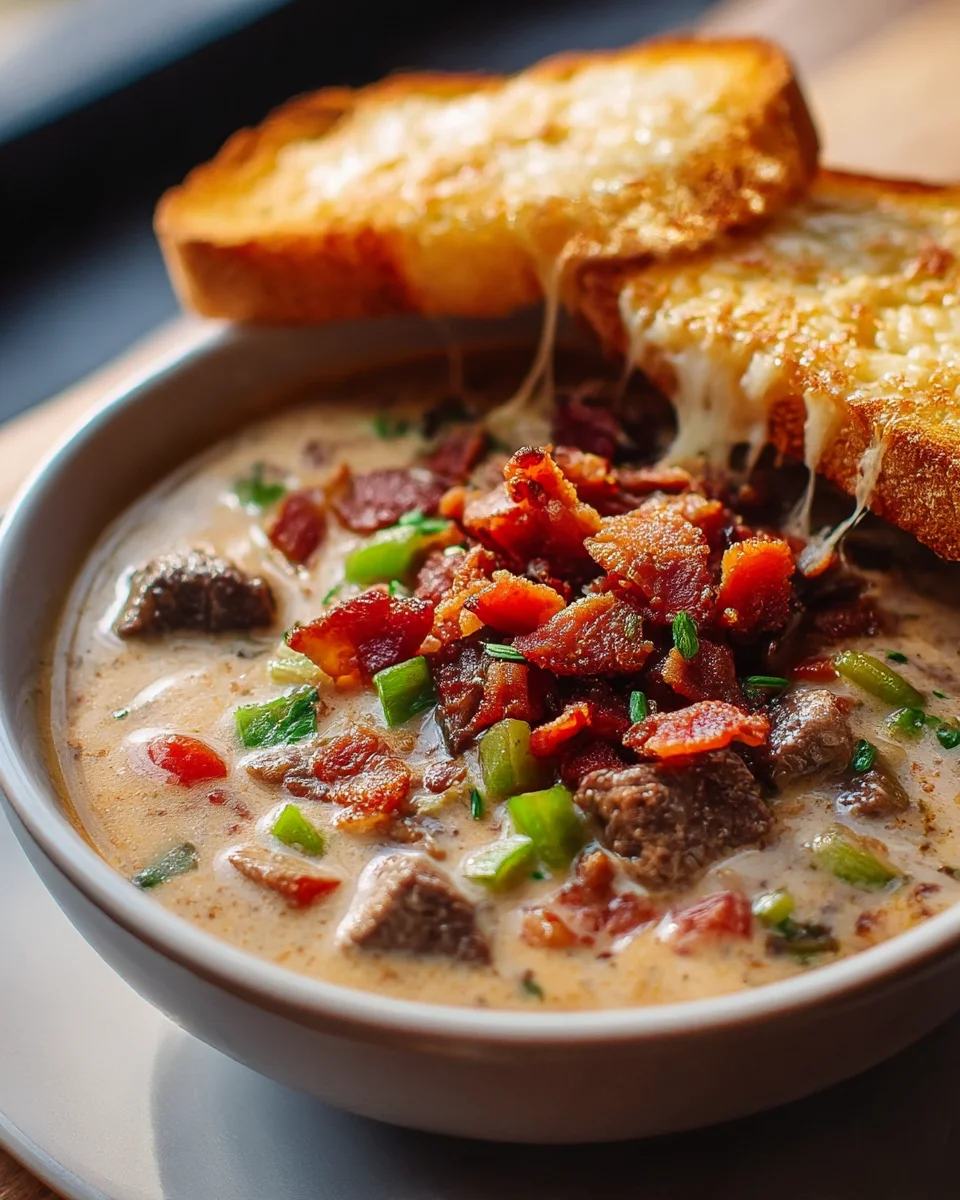 One Pot Philly Cheesesteak Soup with Beef Bacon & Cheesy Toast
