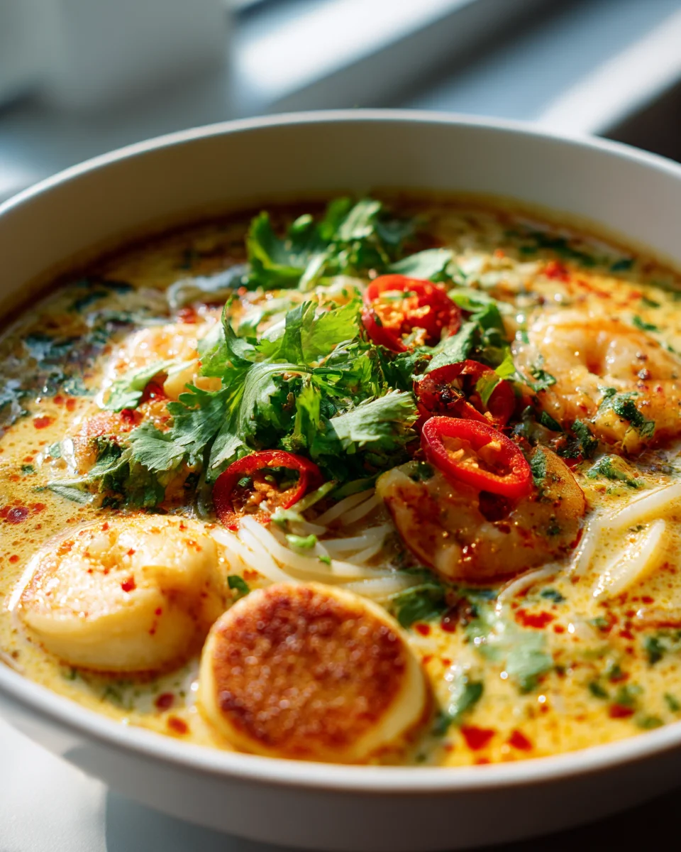Delicious Seafood Laksa with Shrimp and Fish Cakes Recipe
