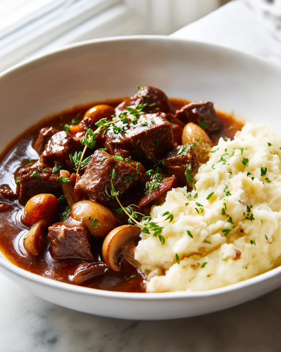 Savory Beef Bourguignon with Creamy Garlic Mashed Potatoes