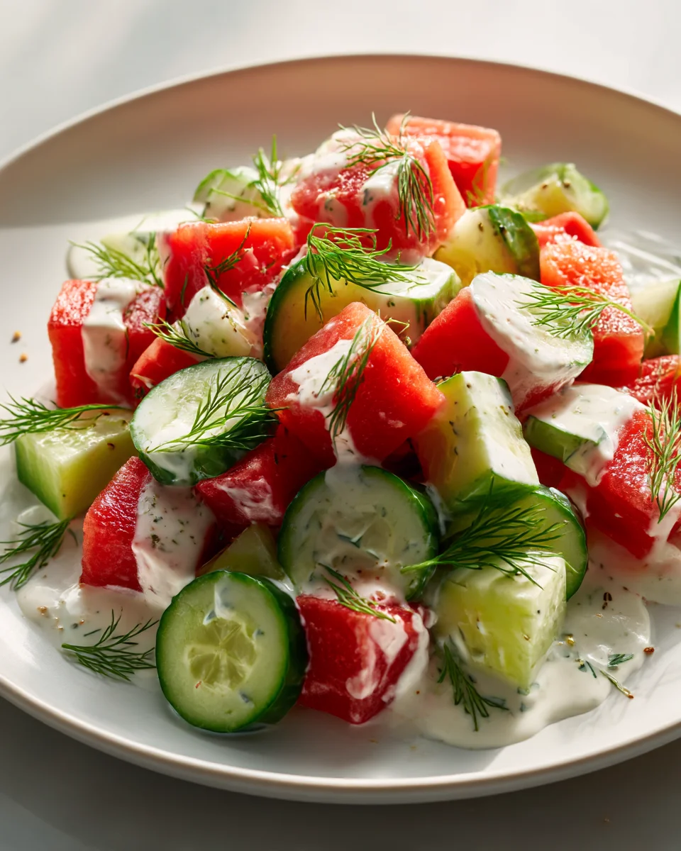 Watermelon Cucumber Yogurt Salad with Dill Cream Sauce