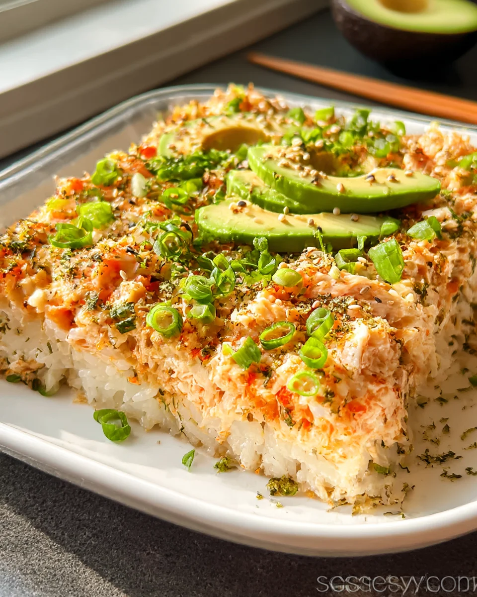 Savory Sushi Bake with Imitation Crab